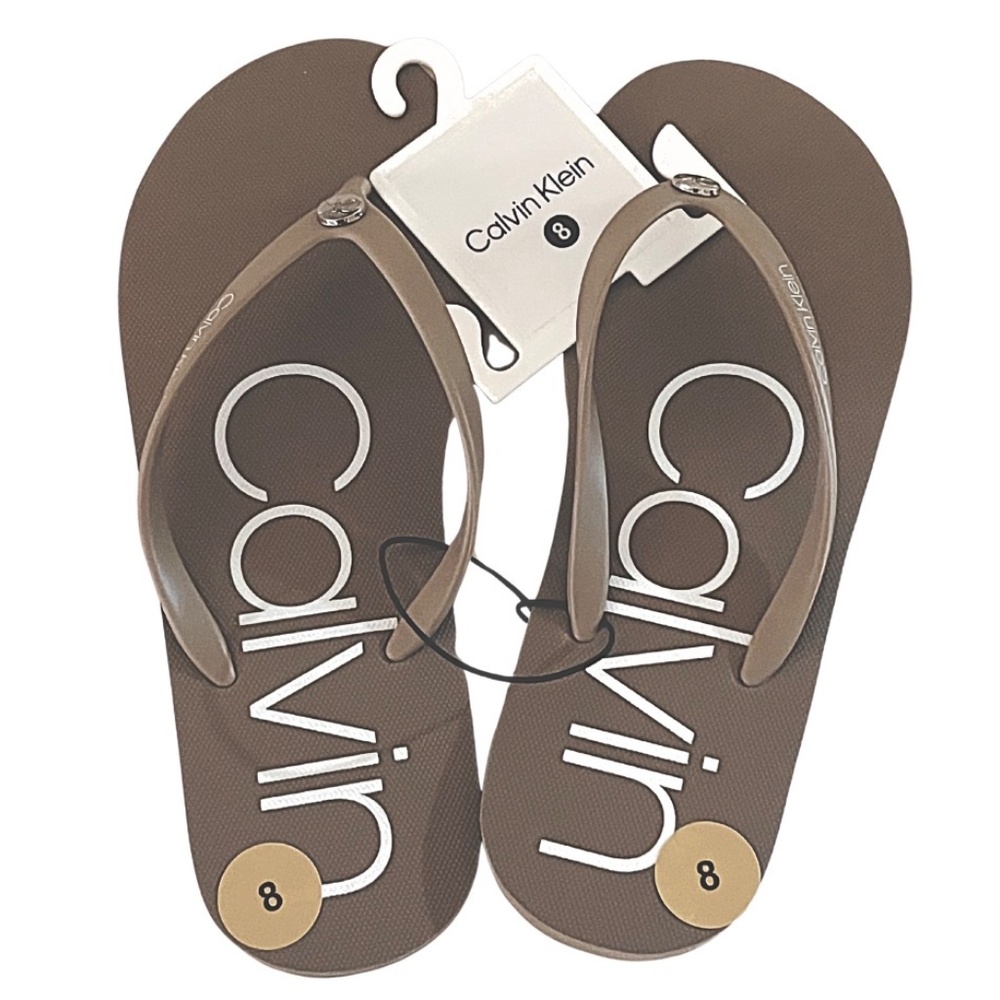 Calvin Klein Logo Flip Flops Brown Taupe Neutral Sandals Women’s Size 8 NWT